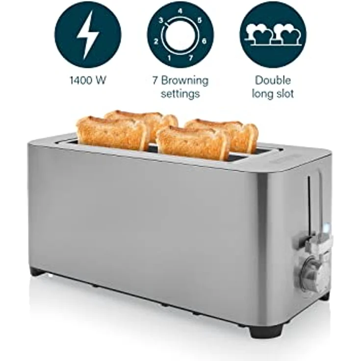Princes 142402 Doppel-Langschlitztoaster, 2 lange Schlitze, 1400 W, Edelstahl, 4 kleine oder 2 große Scheiben, Brötchenaufsatz, 7 Bräunungsstufen, Krümelschublade, silber – Bild 5