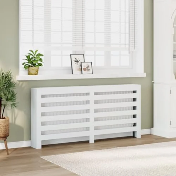 vidaXL Heizkörperverkleidung Weiß, 175x20x82 cm, Holzwerkstoff mit modernem Latten-Design und praktischer Ablage – Bild 2
