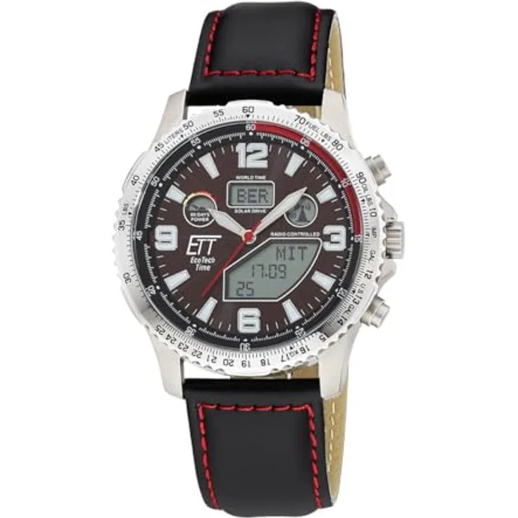ETT Eco Tech Time EGT-11718-22L, Funk Solar Herren Uhr Analog mit Titangehäuse, schwarzem Lederarmband und wasserdicht bis 10 Bar