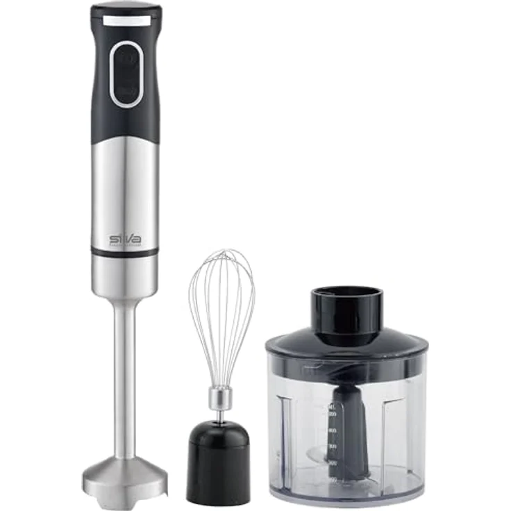 SILVA Schneider Edelstahl Stabmixer Set – 700 Watt, 2 Geschwindigkeitsstufen, Multizerkleinerer, Schneebesen & Messbecher, Extra Leiser DC Motor, 18.000 U/Min – Schwarz, SMS 6502 – Bild 2