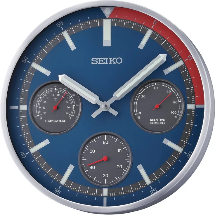 Seiko Wanduhr, Quarzuhr mit Leuchtzeigern und Innentemperaturanzeige, silberfarben-blau, 33 cm