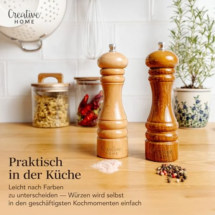 Creative Home Salz-/Pfeffermühle Set, 2 große Holz Mühlen mit manuellem Quetschmechanismus, imprägniert mit ungiftigem Lack – Bild 3