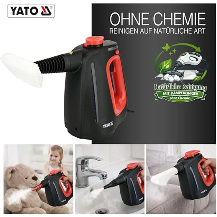 YATO YT-85760 Handdampfreiniger 1350W – Chemiefreier Dampfreiniger mit 110°C, 15s Aufheizzeit, 550ml Tank, Fugen- & Teppichreiniger mit Zubehör – Bild 3