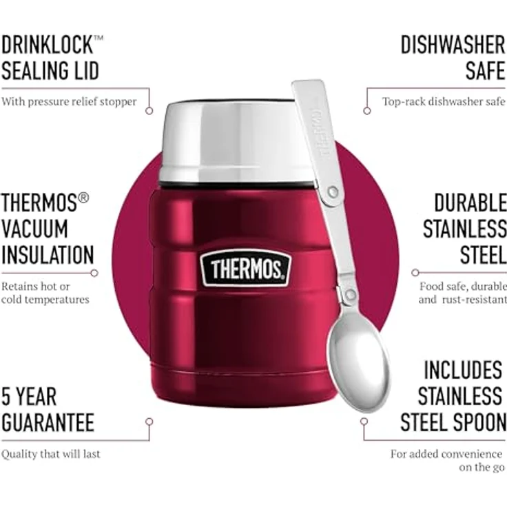Thermos King Thermoskanne - Thermosflasche für Lebensmittel,0,47 l, Edelstahl, Rot – Bild 2