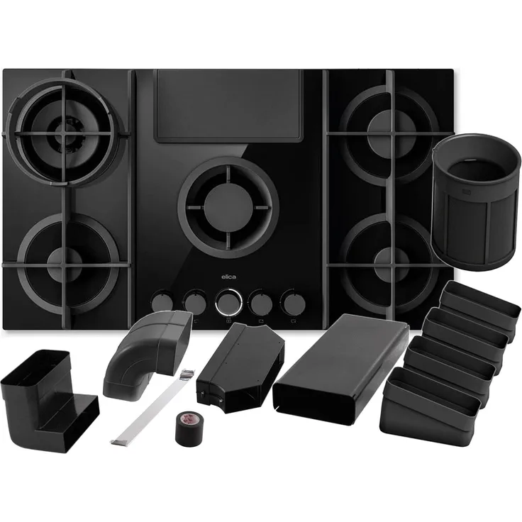 Elica SET NikolaTesla Flame Evo PRF0196341, Gaskochfeld mit Dunstabzug und Umluftset, schwarze Keramikglas-Oberfläche, 4 Brenner, inkl. Aluminium-Fettfilter
