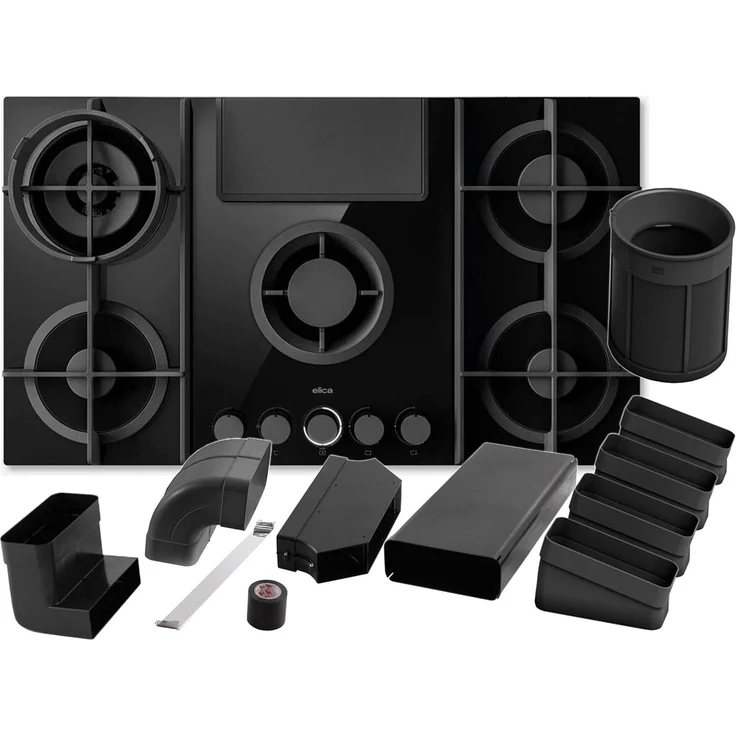Elica SET NikolaTesla Flame Evo PRF0196341, Gaskochfeld mit Dunstabzug und Umluftset, schwarze Keramikglas-Oberfläche, 4 Brenner, inkl. Aluminium-Fettfilter