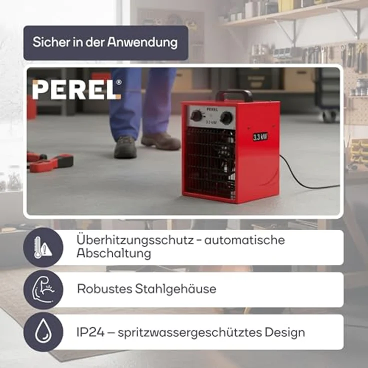 Perel Heizlüfter 3300W, elektrisch mit 2 Heizstufen, Thermostat, Kühlfunktion und Überhitzungsschutz, IP24 – Bild 7