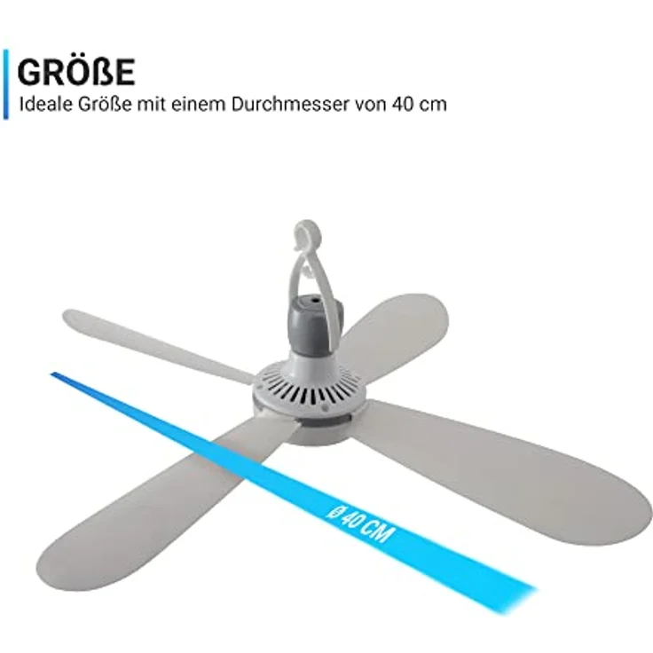 Bestlivings Mobiler Deckenventilator Weiß (5m XXL Kabel) mit Stecker und Schalter, 220V-240V / 5 Watt, Ø40 cm Decken Ventilator mit Aufhänger – Bild 4
