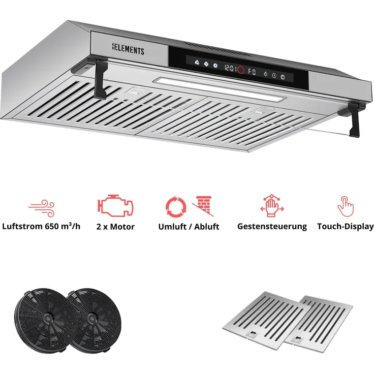 KB ELEMENTS Dunstabzugshaube 60 cm, 650 m³/h, Doppelter Motor, Touch- und Gestensteuerung, Abluft/Umluft