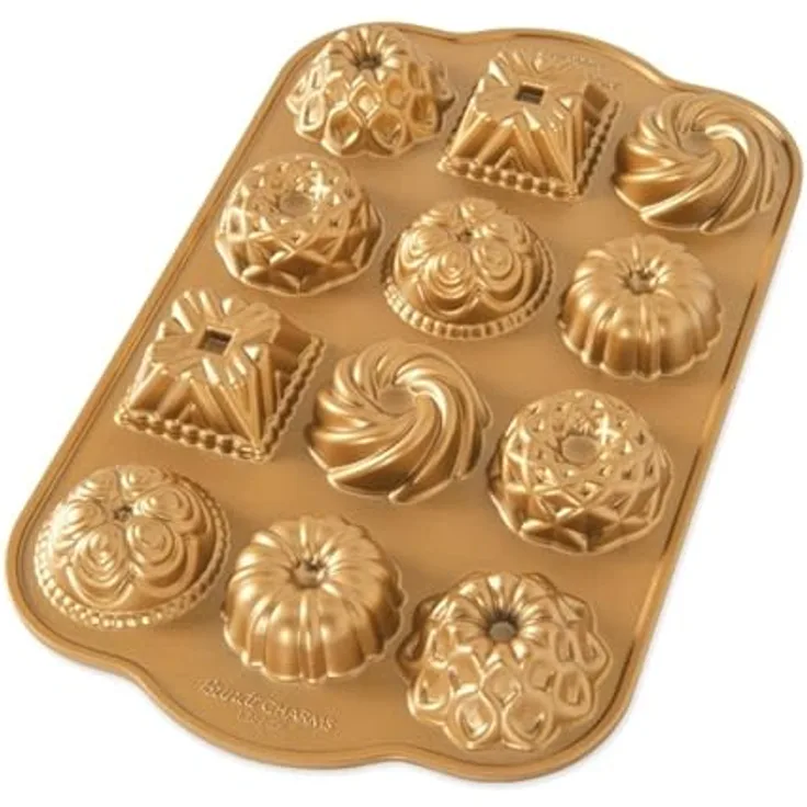Nordic Ware 85677 Charms Gugelhupffanne, Aluminium, Gold - Amerikanische Herstellung, gleichmäßige Wärmeverteilung, Miniatur-Bündel