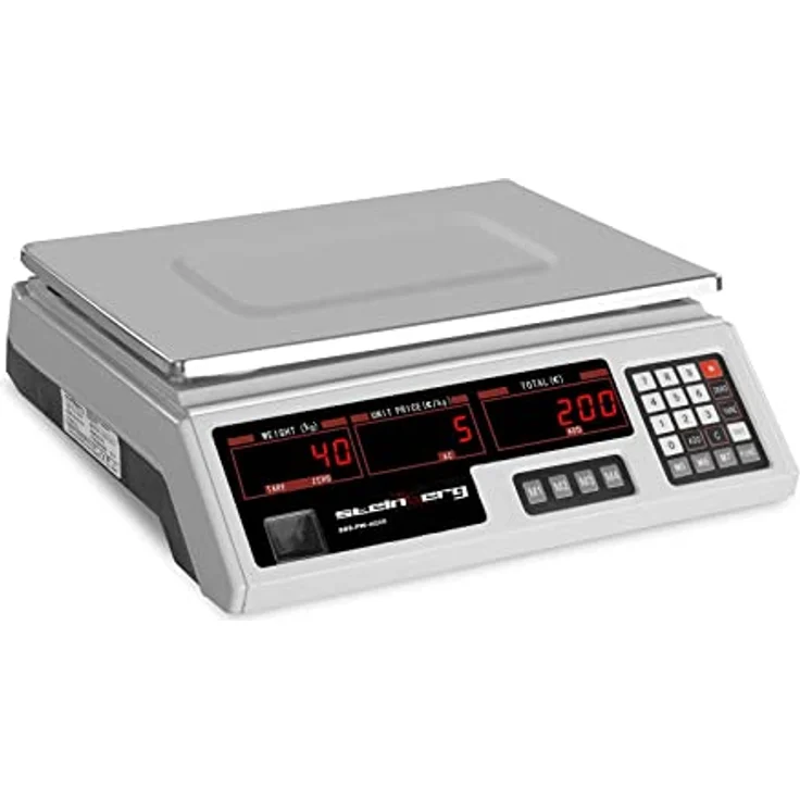 Steinberg Systems SBS-PW-402CR Kontrollwaage Marktwaage 40 kg / 2 g Preiswaage Digitale Waage 7 Speicherplätze Ladenwaage mit Preisanzeige Tischwaage mit LED-Display integrierter Akku – Bild 2
