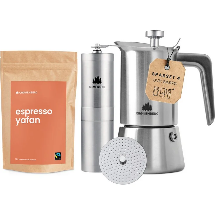 GRØNENBERG Espressokocher Spar Set 4: Edelstahl Espressokocher (4, 6 Tassen, Induktion) + 250g Bio Espressobohnen + manuelle Kaffeemühle, inkl. Ersatzdichtung