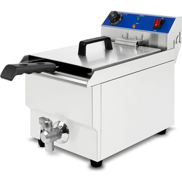 VERTES Friteuse Edelstahl 10L, 3000W, Kaltzonenprinzip, stufenlos regulierbare Temperatur 50-250°C, mit Ablasshahn und Frittierkorb – Bild 1