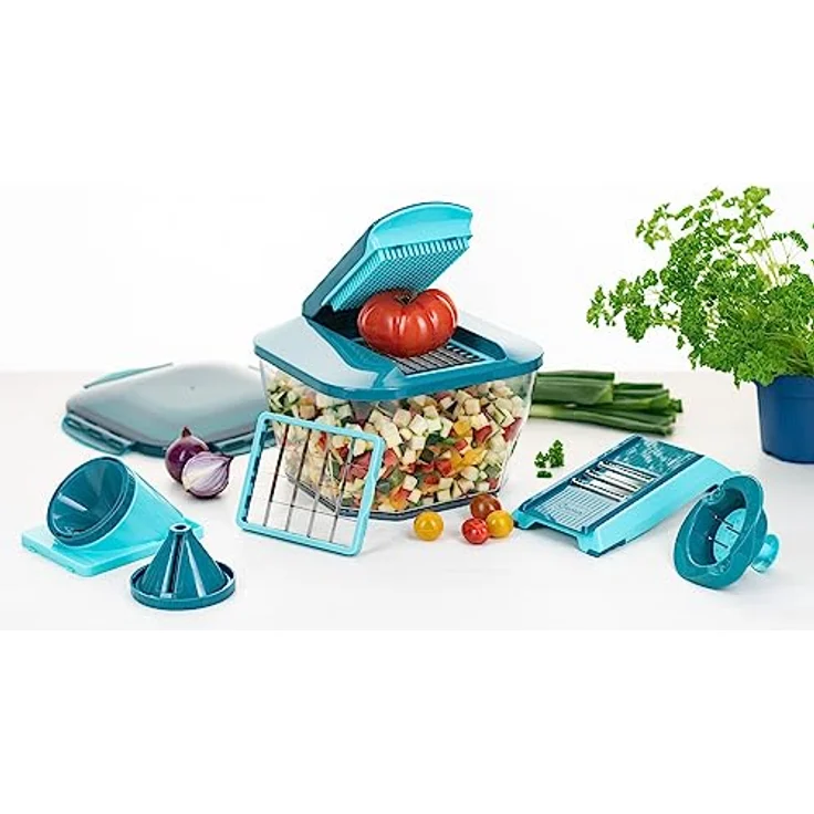 Genius Nicer Dicer Chef Professional, Gemüseschneider 18-tlg mit 5.2L Auffangbehälter, extra Glasschüssel und Edelstahl-Klingen, inkl. Rezept – Bild 2