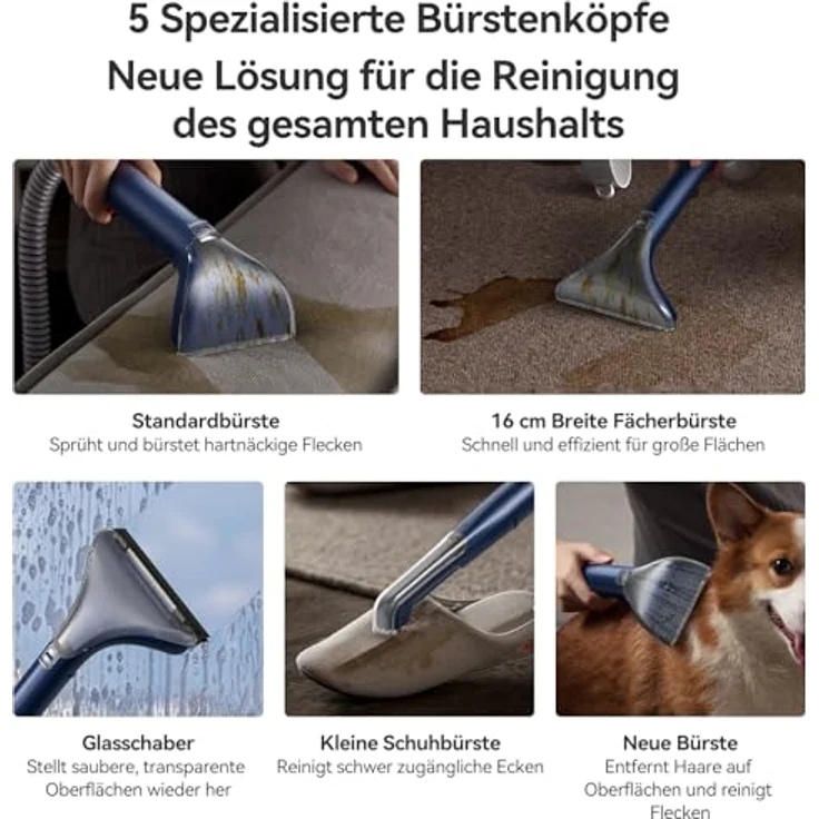 Deerma DEM-BY200 2-in-1 Dampfreiniger und Staubsauger, 900W Leistung, 5 Spezialbürsten - Für Tiefenreinigung von Hartböden und Textilien – Bild 4