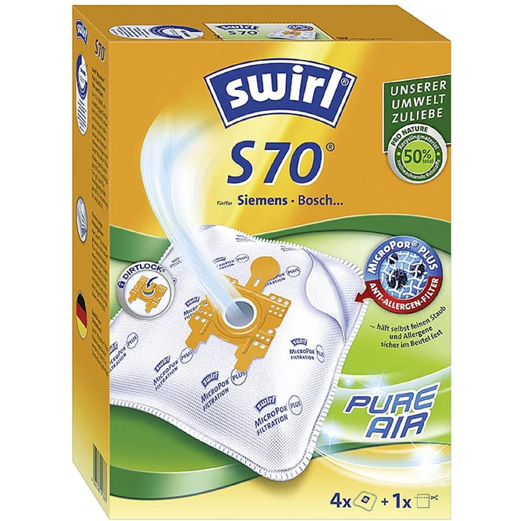 Swirl S70 AirSpace Staubsaugerbeutel 4St., MicroPor® Plus Anti-Allergen-Filter, ressourcenschonend aus 50% Recyclingmaterial – Bild 1