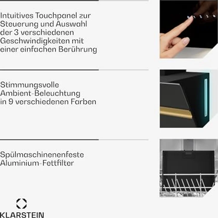 Klarstein Alina Dunstabzugshaube, EEK A, 600 m³/h, Touch LED-Beleuchtung, Schwarz/Metallic, Abluft/Umluft – Bild 6