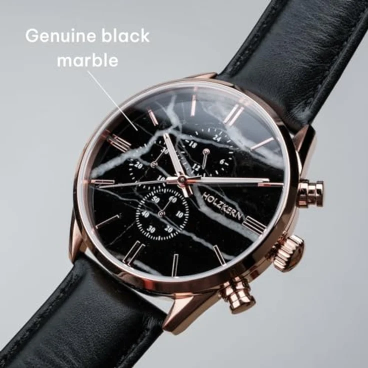 HOLZKERN Herren-Quarzuhr Chronograph Relational, Marmor/Roségoldfarben, Lederarmband Schwarz, Stoppuhr und Kalenderfunktion – Bild 2