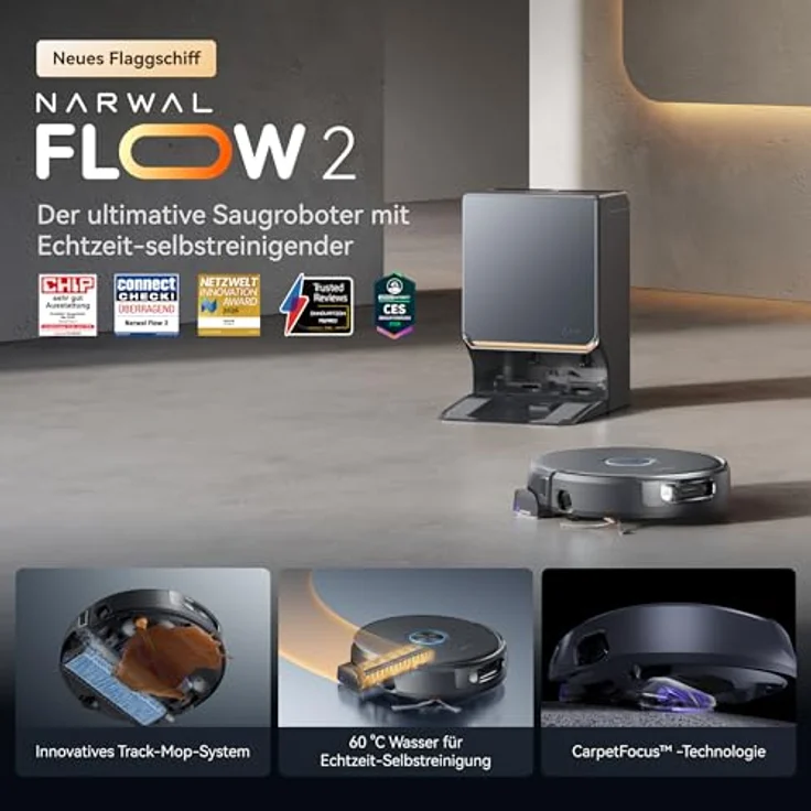 NARWAL Flow 2, Saug- und Wischroboter mit All-in-One-Station, 31.000 Pa Saugkraft, FlowWash-Wischsystem mit 60 °C Heißwasser und 100 °C Moppwäsche – Bild 3