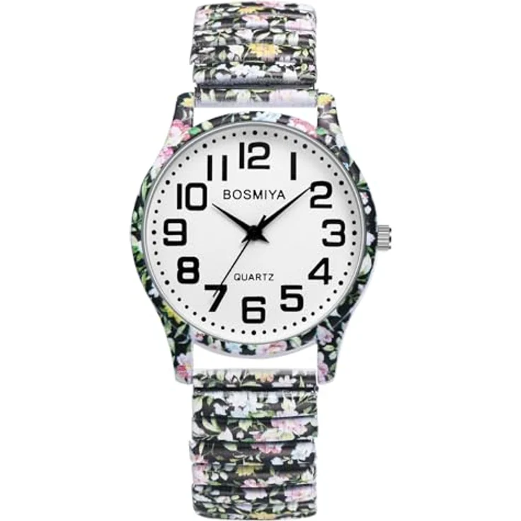 JewelryWe Böhmische Blumen Armbanduhr, Edelstahl Stretch mit großen arabischen Ziffern, Analoguhr für Damen – Bild 1