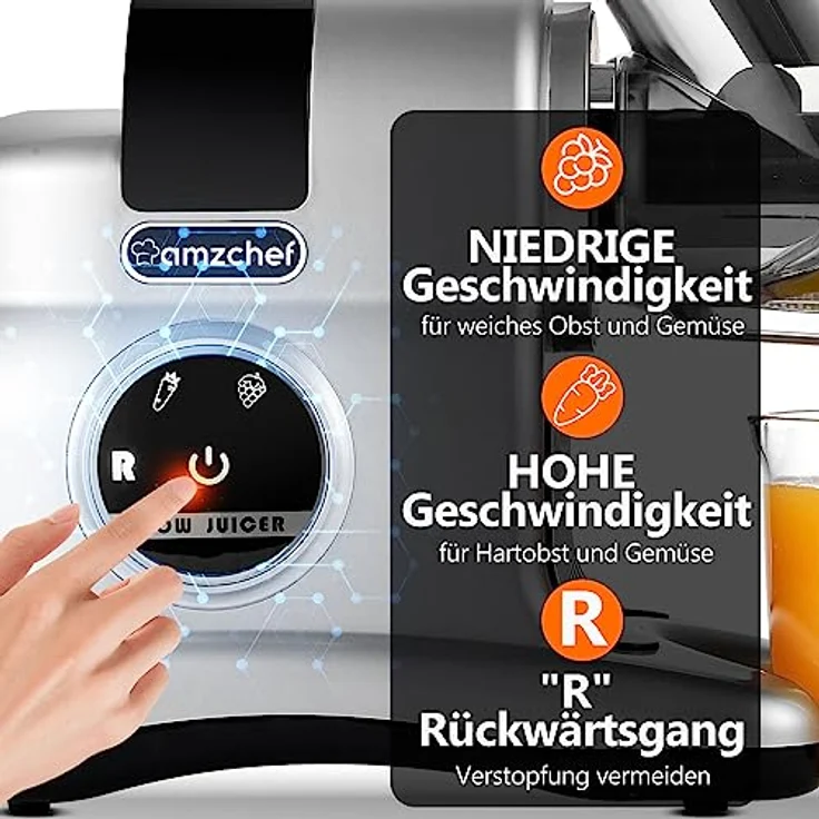 AMZCHEF Entsafter mit 80MM Großer Einfüllschacht - 150W Entsafter Slow Juicer mit 2 Geschwindigkeitsmodi und Rücklauffunktion - Entsafter für Ganze Gemüse und Obst Testsieger - Silber – Bild 5