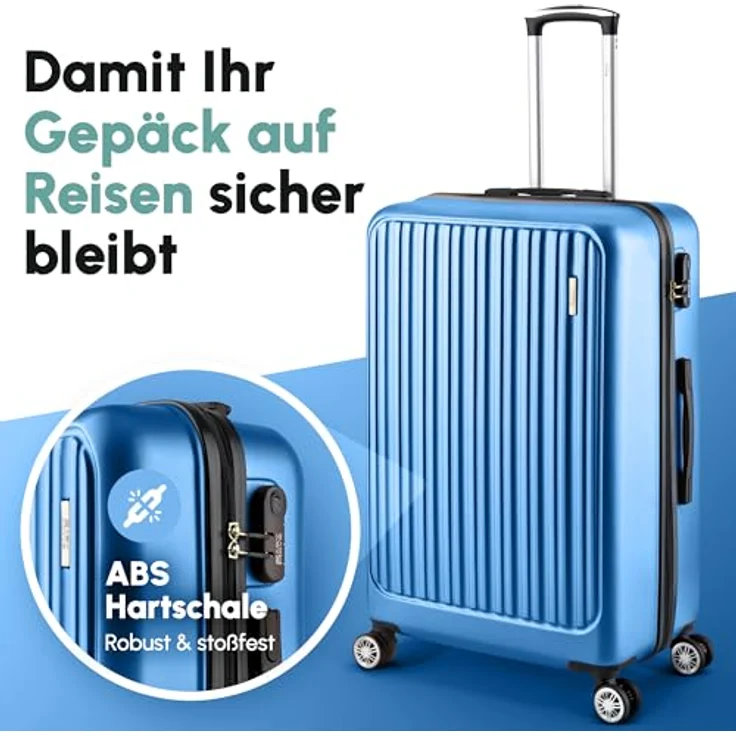 Easy Move ABS Hartschalenkoffer [ERGONOMISCH & SICHER] - Großer Trolley Koffer mit 360° Rädern, Zahlen Schloss - reisekoffer groß, hartschalenkoffer, Luggage (Light Blue, Set) * – Bild 2
