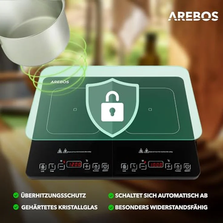 Arebos Doppel-Induktionskochplatte 3500W, tragbar mit 2 Kochzonen, Touch-Display, Timer, Überhitzungsschutz und energieeffizientem Design für Camping und Outdoor – Bild 4