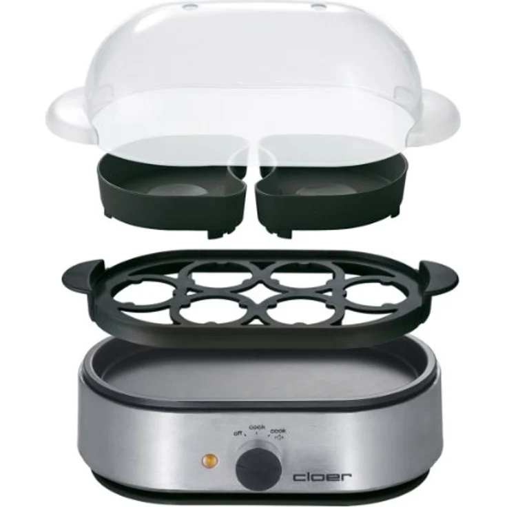 Cloer 6099 Eierkocher mit akustischer Fertigmeldung - 400 W - für 6 Eier - Einsätze für pochierte Eier - antihaftbeschichtete Heizplatte - Aluminiumgehäuse – Bild 4