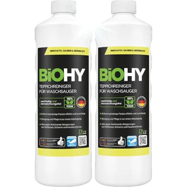 BiOHY Teppichreiniger für Waschsauger, 2 x 1 Liter, kraftvoll gegen Flecken und Schmutz, materialschonend & tierfreundlich, hergestellt in Deutschland