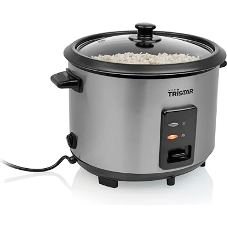 Tristar RK-6148 Reiskocher, 1,8 l, Edelstahl und Glas, Schwarz und Silber, mit Tasten, 0,8 m Kabel – Bild 1
