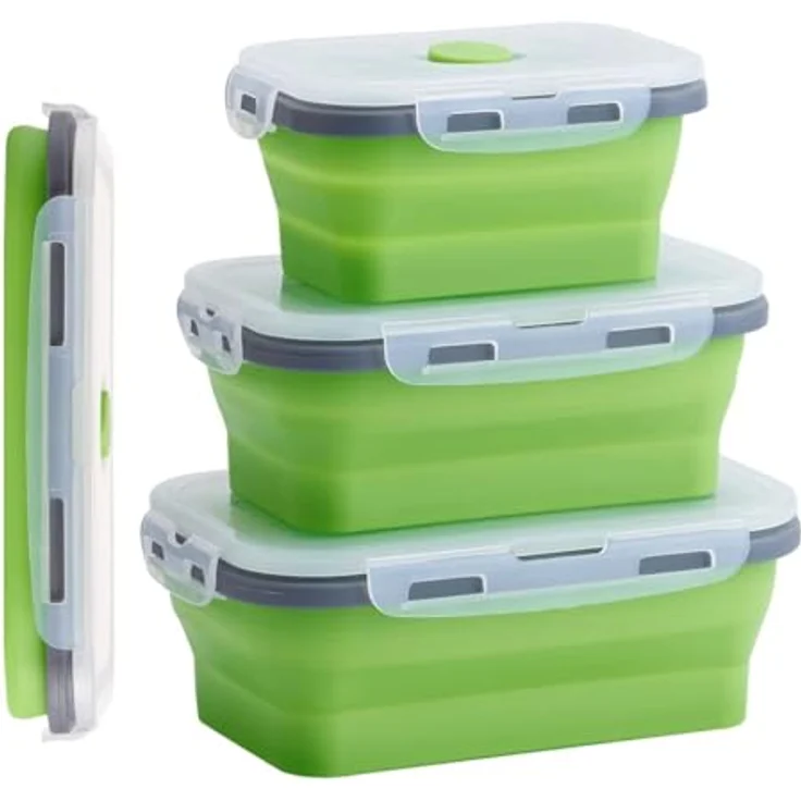 König Design Faltbare Frischhalteboxen 4 Stück aus Silikon - Set mit 4 unterschiedlichen Größen, auslaufsicher, 4-fach-Klick-Verschluss (Grün) – Bild 1