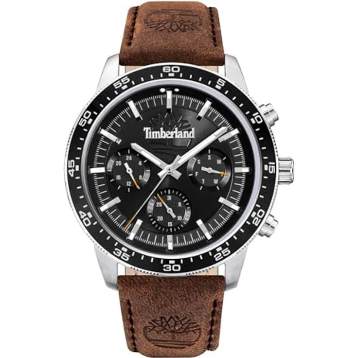 Timberland Herren Analog Quarz Uhr mit Braun Leder Armband TDWGF0029002, 44 mm Gehäuse, Wasserdicht bis 5 Bar
