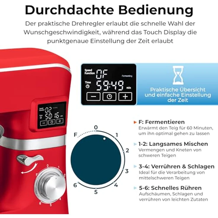 KLAMER Küchenmaschine Classic 1400 W, 5,5 L Edelstahlschüssel, Knet-, Rühr- & Schneebesenaufsatz, Timer & LED-Display, stabile Saugnapffüße, ideal für Brot-, Kuchen- & Pizzateig – Bild 3