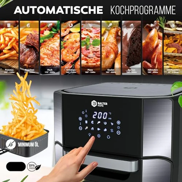 Balter Heißluftfritteuse HL-1200-BL, 12 Liter, Friteuse, LED Touchscreen, Dörrautomat, 1800W Heissluftfritteuse airfryer, 100 Rezepte auf Deutsch, Minibackofen,  in Schwarz – Bild 2