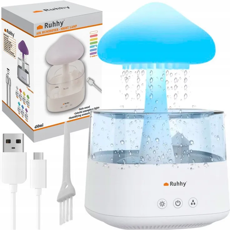 Ruhhy Diffuser Luftbefeuchter mit Nachtlampe: fallender Regen, 2,5 Liter Kapazität, weiß