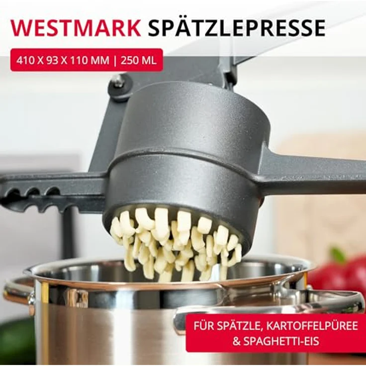 Westmark Spätzle- und Kartoffelpresse Spätzlechef, Traditionelle Lochung, Aluminium, anthrazit, 41 cm, griffige Spezialbeschichtung – Bild 2