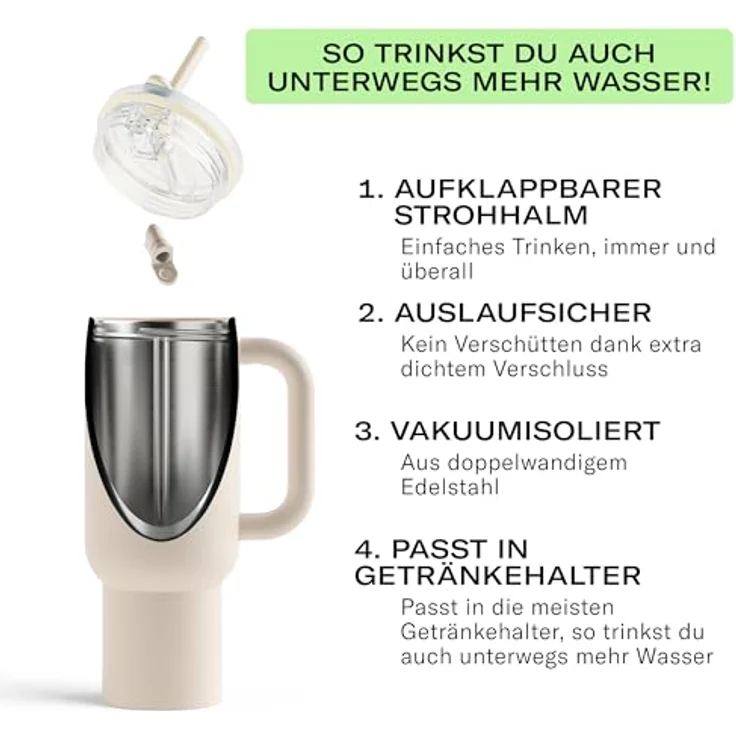 waterdrop® Thermobecher mit Strohhalm 1,1L, Auslaufsichere isolierte Edelstahlflasche, Hält 12h kalt, Klappbares Mundstück, Robustes Design – Bild 3