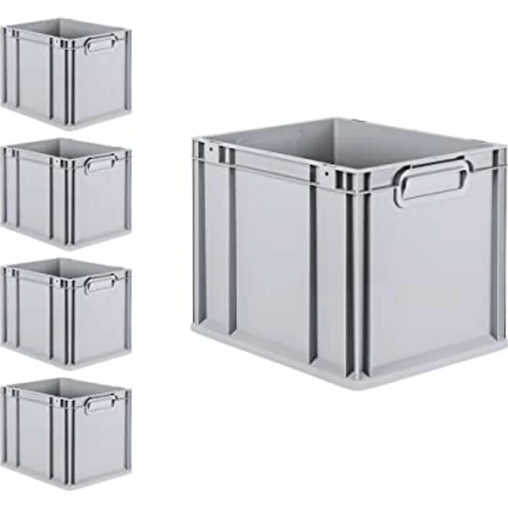PROREGAL Eurobox NextGen Grip, 5er Set mit Scharnierdeckel, 30 L, grau, resistente Transportbox mit gelben Schiebeschnappverschlüssen, HxBxT 32x30x40cm – Bild 3