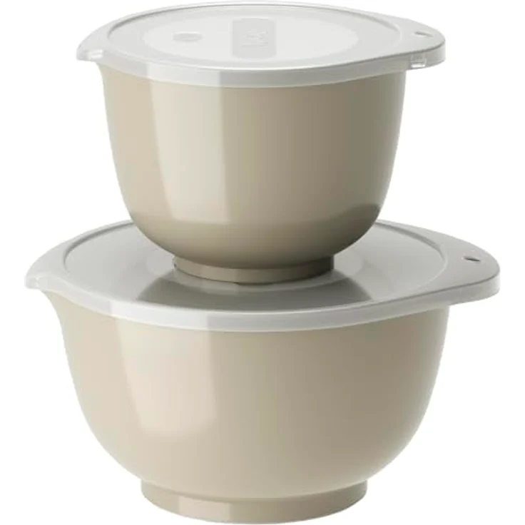 Rosti Margrethe Schüssel Set, Rührschüssel Set, 4-Teilig mit 2 Rührschüsseln und 2 Deckel, Teigschüssel aus Recycelbarem Kunststoff, 1,5 Liter und 3 Liter, Humus – Bild 1