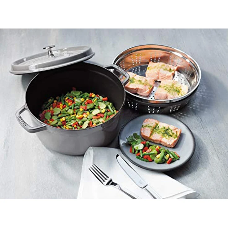 STAUB Gusseisen Bräter-Cocotte, mit Dämpfeinsatz, rund 26 cm, 5,2 L, graphit - grau – Bild 7