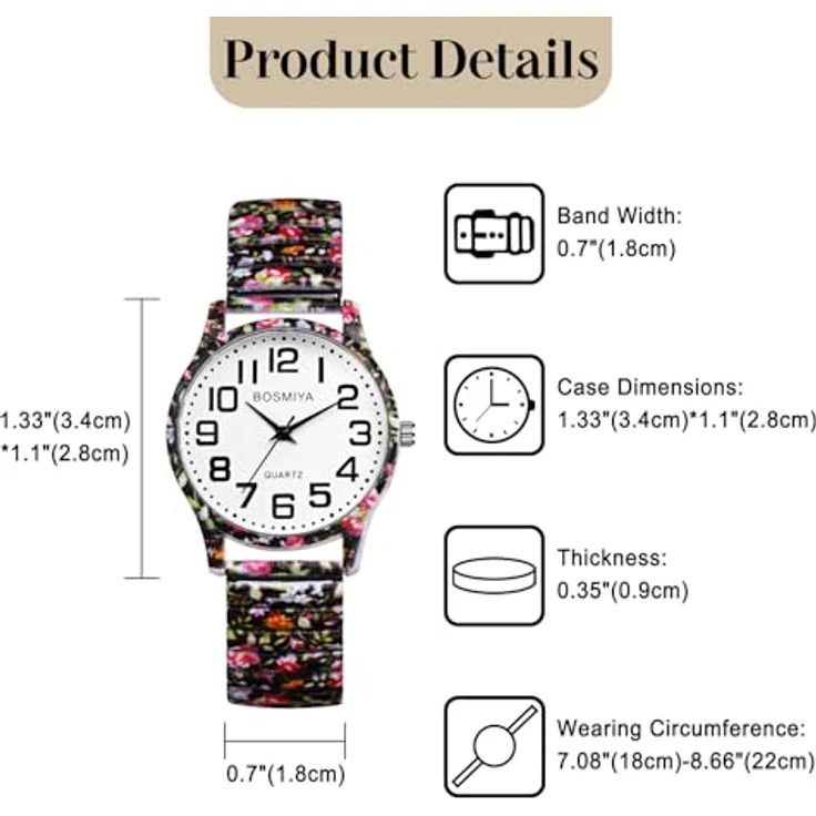 JewelryWe Damenuhr Boho Elastische Uhr, Analog Quarz mit Rotem Floral Druck und Großen Zahlen, Edelstahl Stretch-Armband – Bild 5