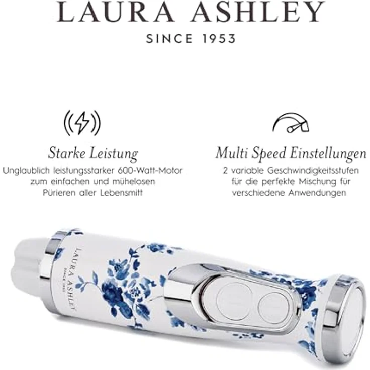 VQ Laura Ashley 4-in-1 Stabmixer, 600W Edelstahl, handbemalte China Rose Oberfläche, variable Geschwindigkeit, mit Zubehörset – Bild 5