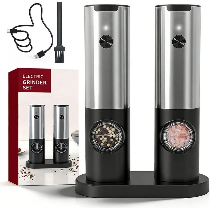 AKKEE Elektrische Salz-/Pfeffermühle 2er Set, USB Aufladbar mit Doppelladestation und LED-Beleuchtung