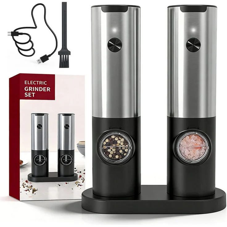 AKKEE Elektrische Salz-/Pfeffermühle 2er Set, USB Aufladbar mit Doppelladestation und LED-Beleuchtung