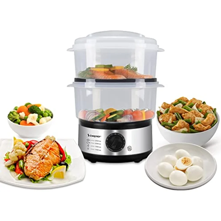 Beper 5 L Multifunktionaler Dampfgarer, Kompaktspeicher, 60-Minuten-Timer, Leistung 400-500 W, - Silber und Schwarz – Bild 2