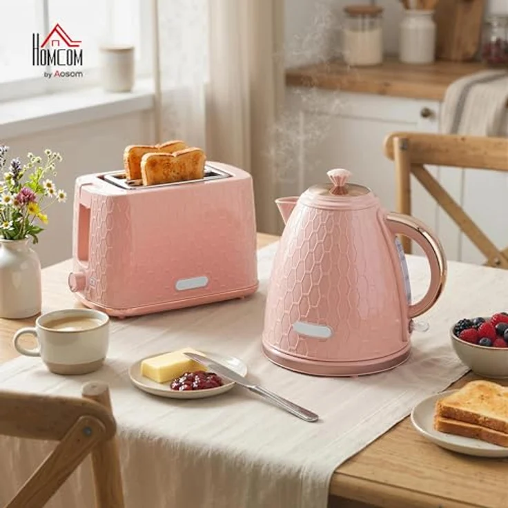 HOMCOM Wasserkocher- und Toaster-Set, 1,7L 2200W, Schnellkoch-Wasserkocher mit automatischer Abschaltung und 2-Scheiben-Toaster mit 7 Bräunungsstufen, Rosa – Bild 2