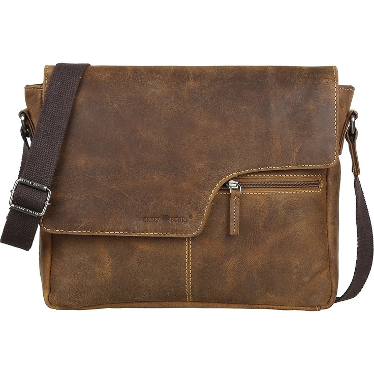 Greenburry Umhängetasche Vintage Leder Messenger Schultertasche 1650/A-25, Handgearbeitetes Rindsleder in Vintage-Optik, 35 x 27 x 5 cm, Braun – Bild 1