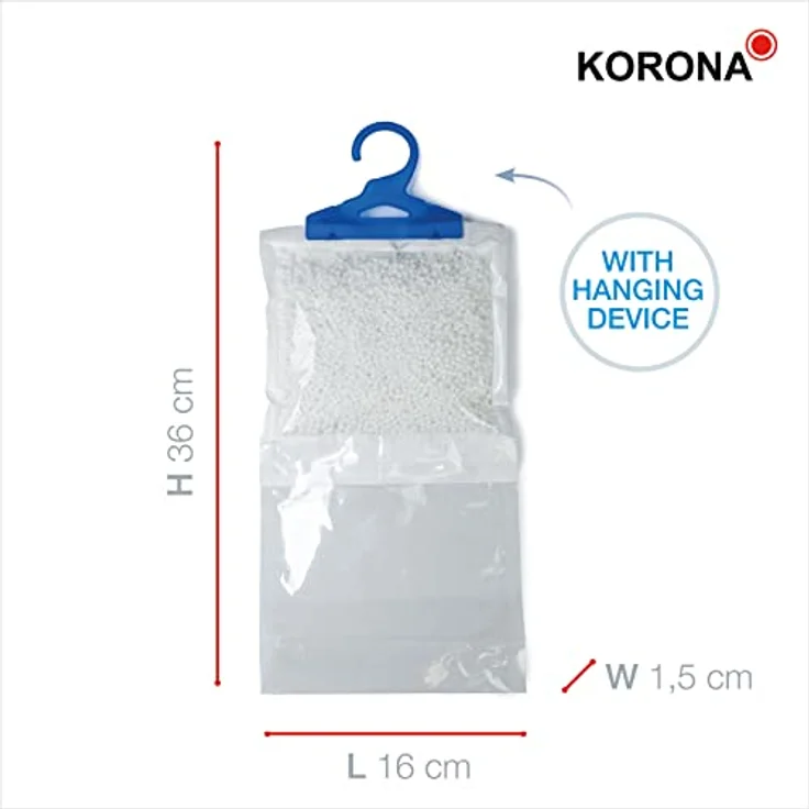 KORONA Luftreiniger Garderoben-Entfeuchter, Set aus 9 Entfeuchterbeuteln mit Aufhängevorrichtung, Ideal für Kleiderschrank Regale und Wohnwagen, Weiß-Blau – Bild 7