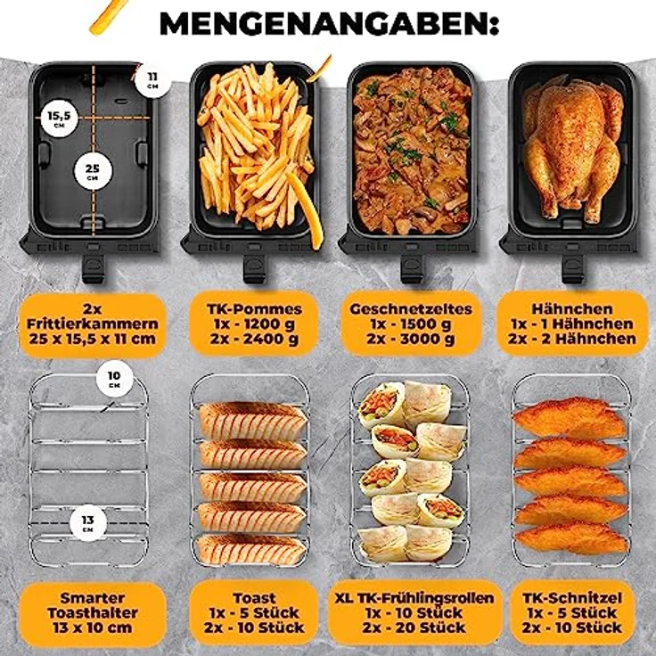 Stillstern Heißluftfritteuse Dual Zone 8L [2x 4L] mit Gleiches-Ende & Shake Funktion, 120 Rezepte [DEUTSCH], 8 Programme, Dörren, Auftauen&Warmhalten, 1700W Heissluftfritteuse Air Fryer XXL ohne Öl – Bild 5