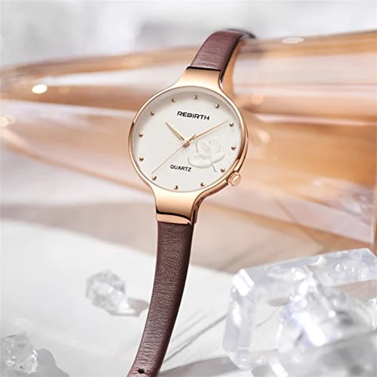 JewelryWe Damen Analog Quarz Uhr, 30m wasserdicht mit braunem Echtlederarmband und Blumenmotiv – Bild 5